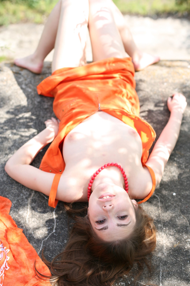Cute Mila In Sexy Orange Dress Outdoors - 